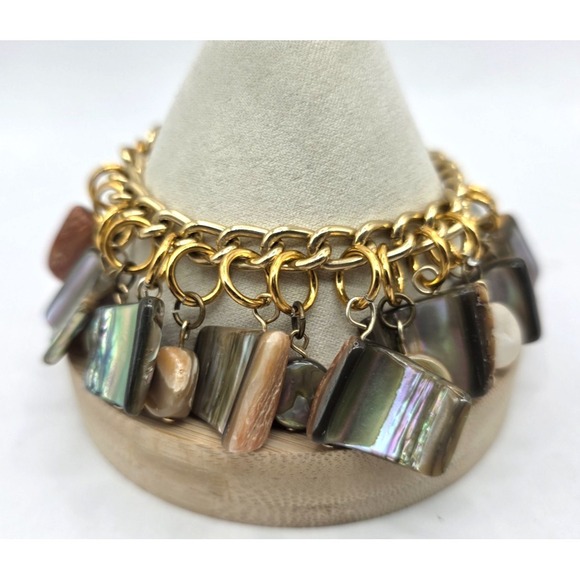 Abalone Shell Charm Bracelet Chunky Gold Tone Bracelet Size 7.25" Adjust Beach - Picture 2 of 10